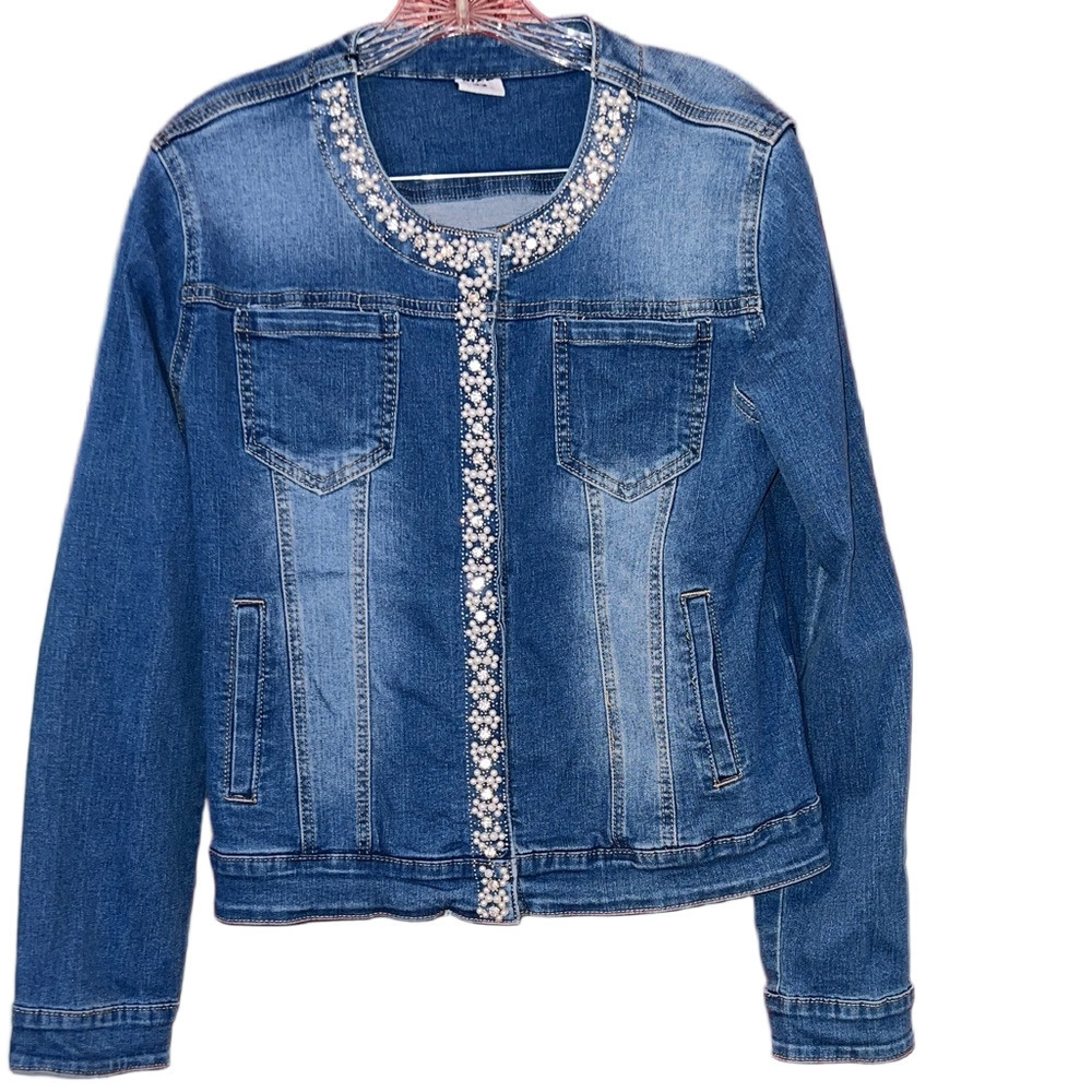 Embellished  Rhinestone Pearls Blue Denim Jacket L